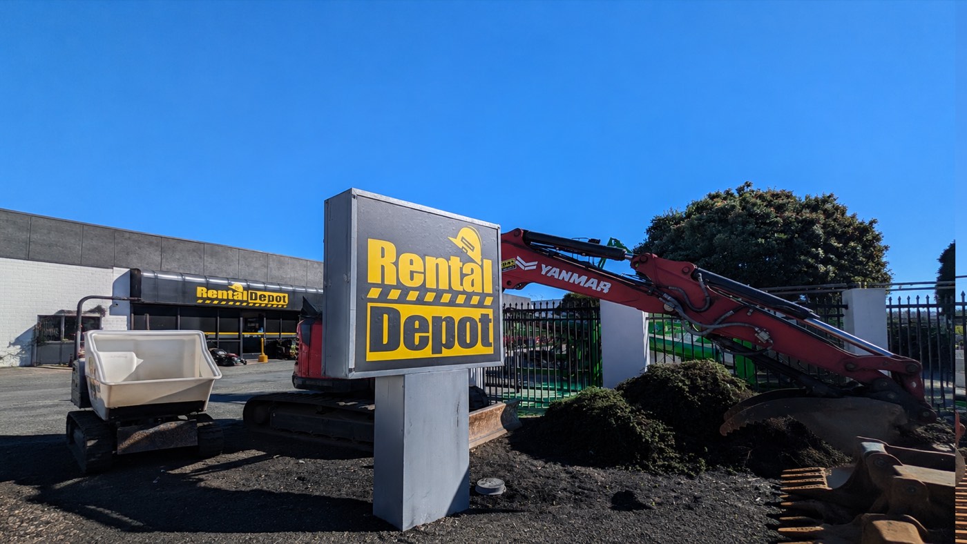 Rental Depot yard with excavators and equipment ready to rent