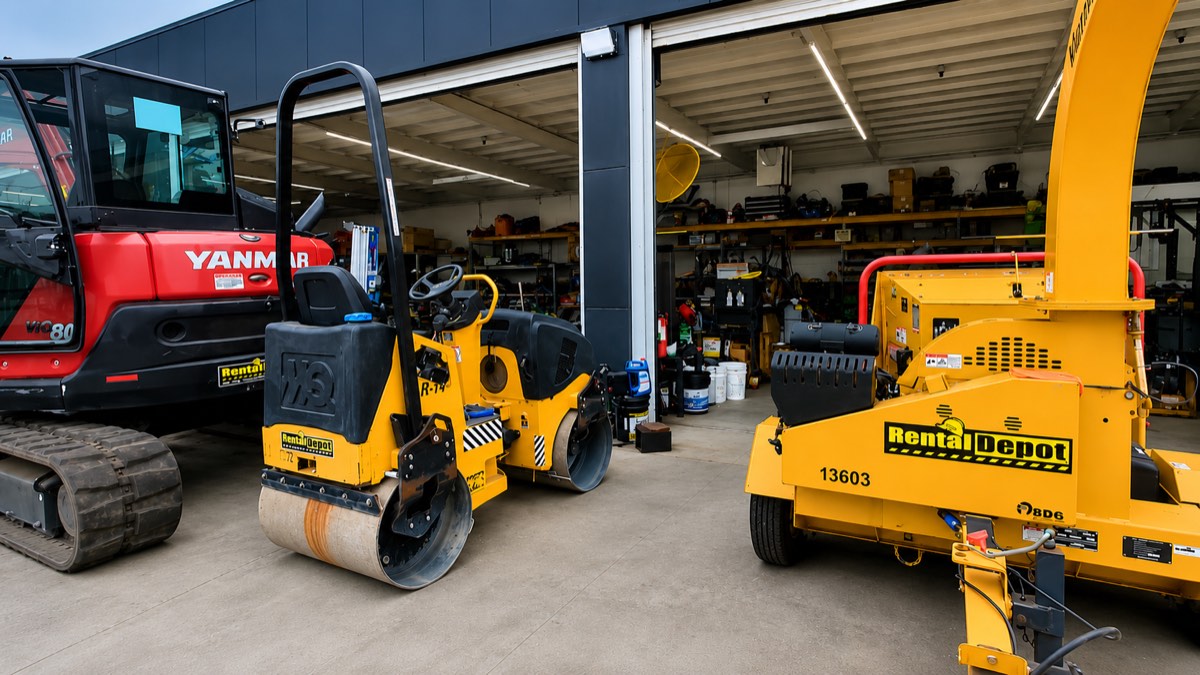 Roller, excavator and chipper ready at Rental Depot