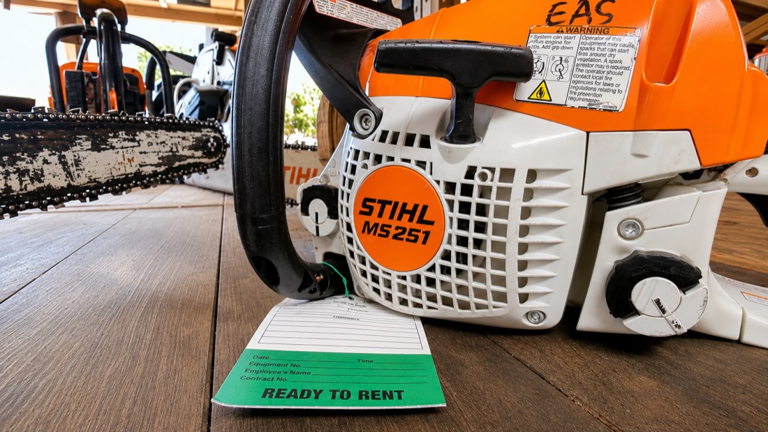 Stihl chainsaw with a Ready To Rent tag